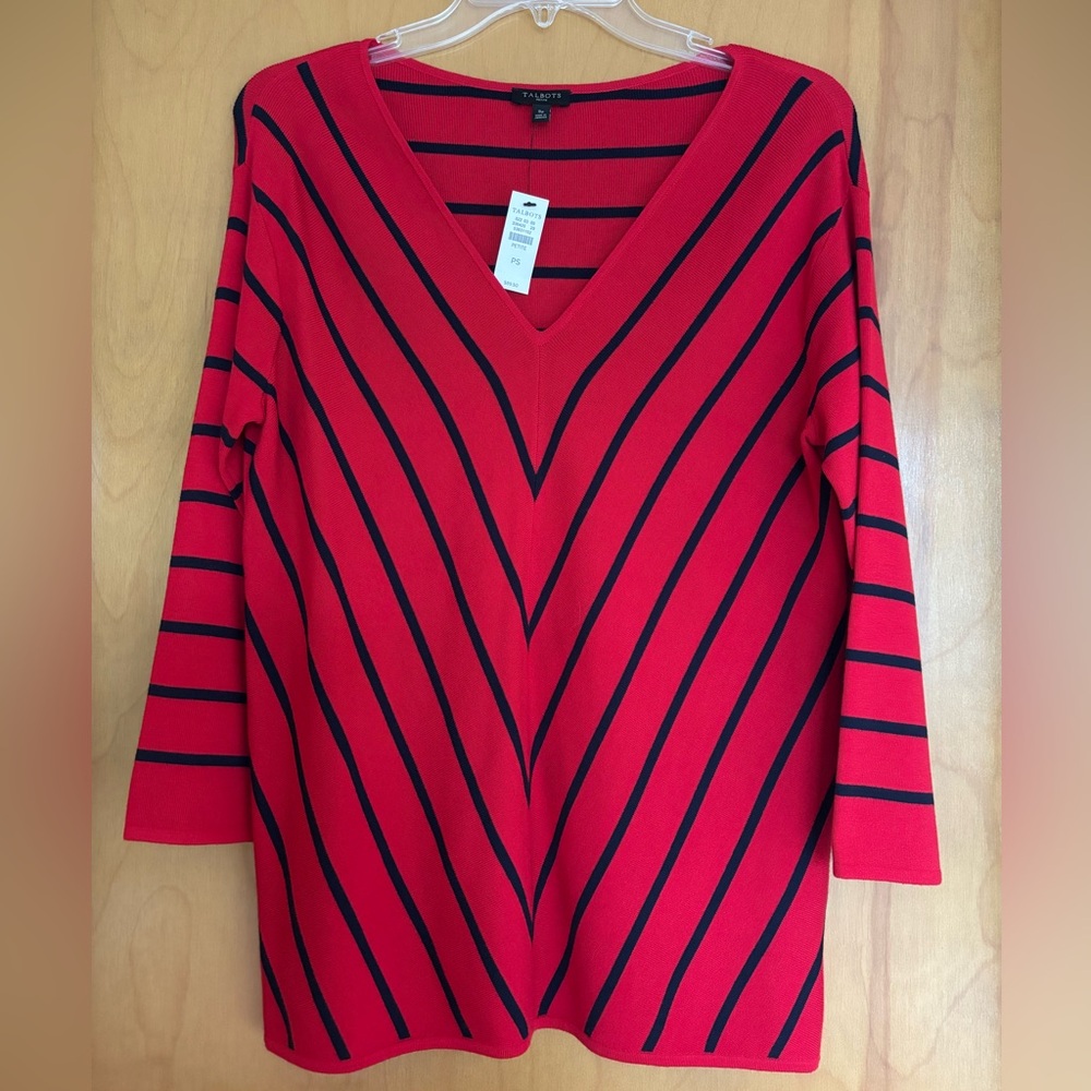 NWT Talbots Small Petite V-Neck Red Striped Sweater